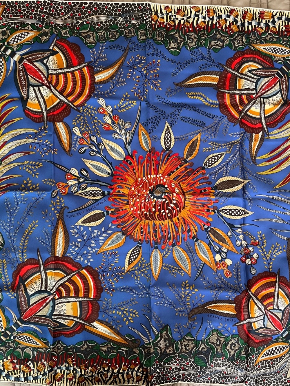 SALE ~~  Excellent condition Hermes "FLOWERS of SOUTH AFRICA" 90cm Scarf CW13